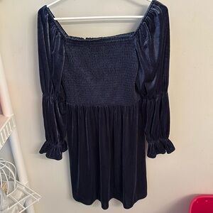 NWT IVIR RUFFLED SMOCKED DRESS OFF SHOULDER VELVET Navy Blue Holiday Dress Sz Sm
